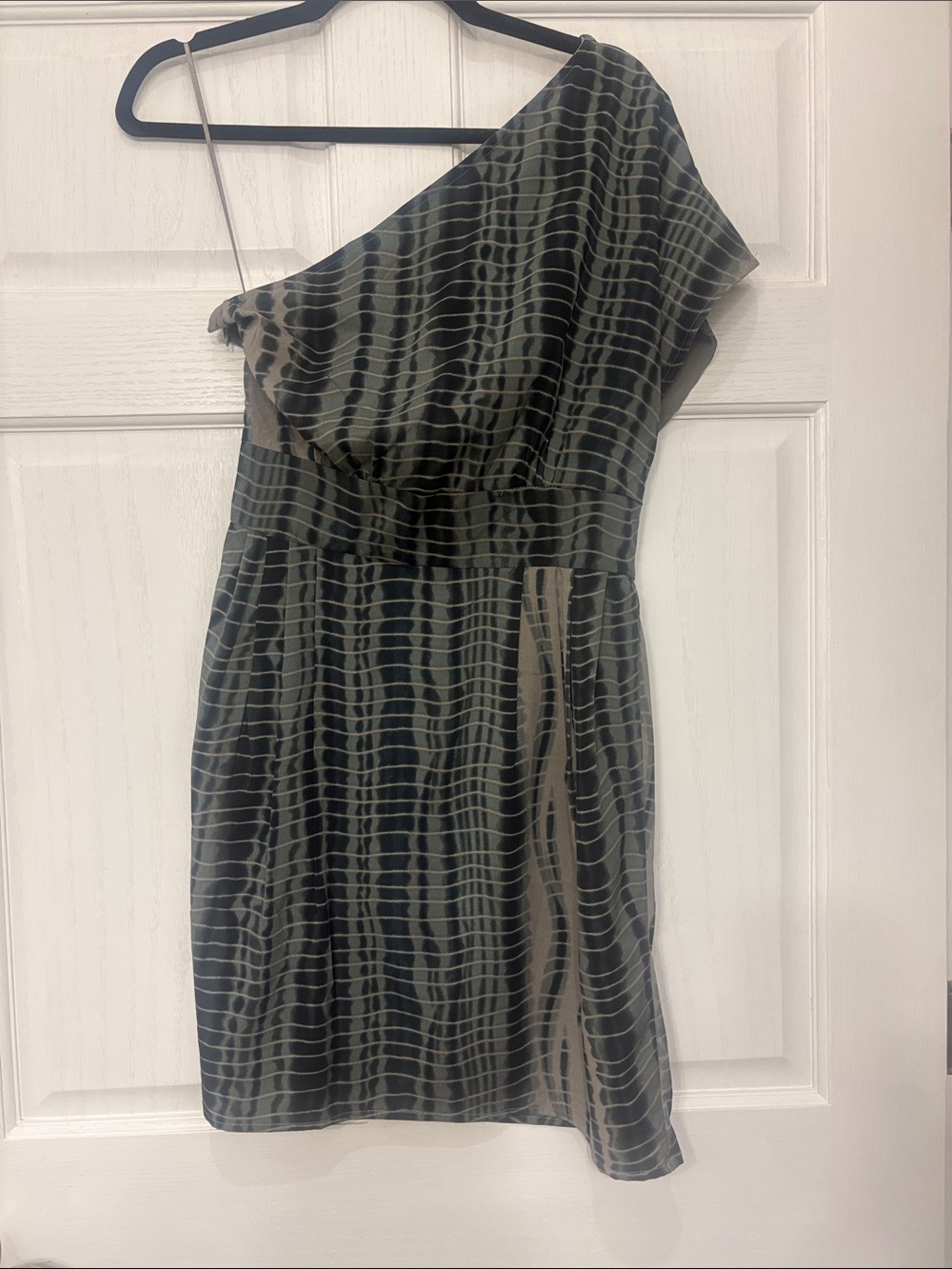 Walter Baker One-Shoulder Black and Gray Striped-Grid Dress